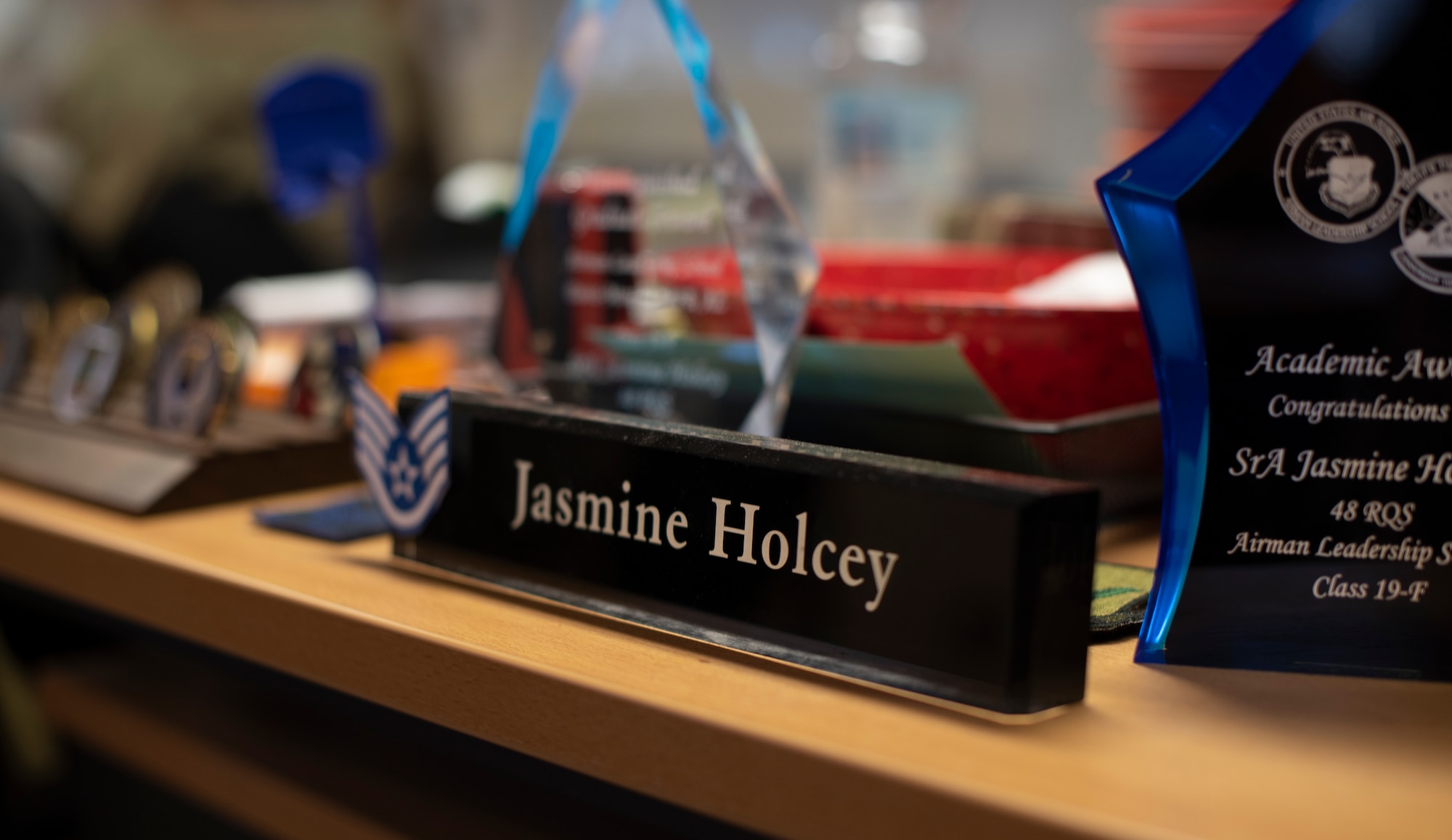A name plate for U.S. Air Force Staff Sgt. Jasmine Holcey, 786th Force Support Squadron relocations supervisor, sits on her desk at Ramstein Air Base, Germany, June 1, 2020.