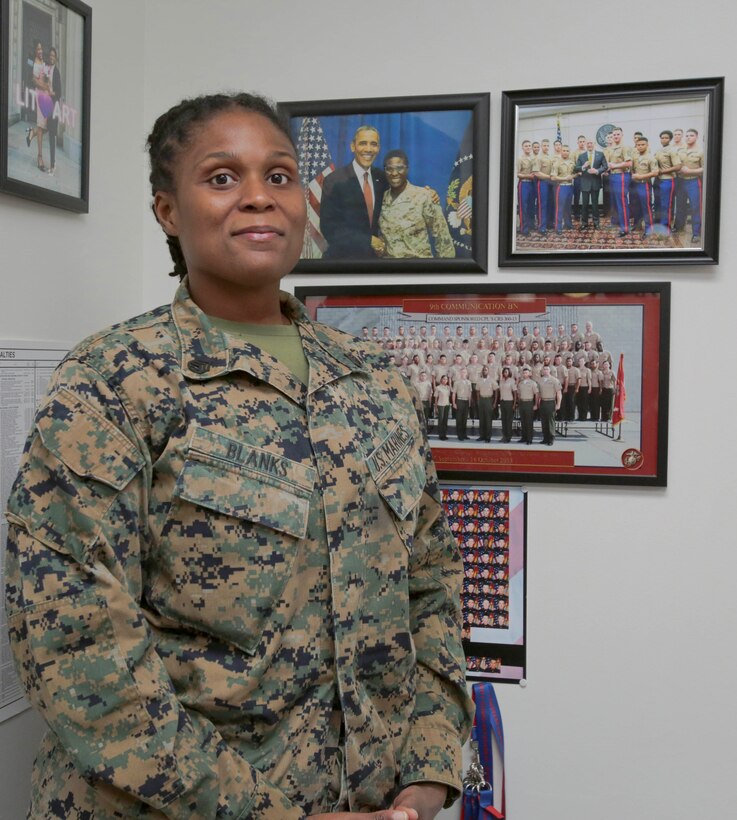 Already having two older brothers in the Marine Corps, Staff Sgt. Latifah Blanks had a legacy to live up to when she joined the Corps in 2011. The St. Louis native, currently serving as base adjutant chief, Marine Corps Logistics Base Albany, went to Marine Corps Recruit Depot Parris Island in South Carolina at the age of 20. It was an opportunity to see the world and gain some discipline, not her siblings, compelling her to become a Marine. (U.S. Marine Corps photo by Jennifer Parks).