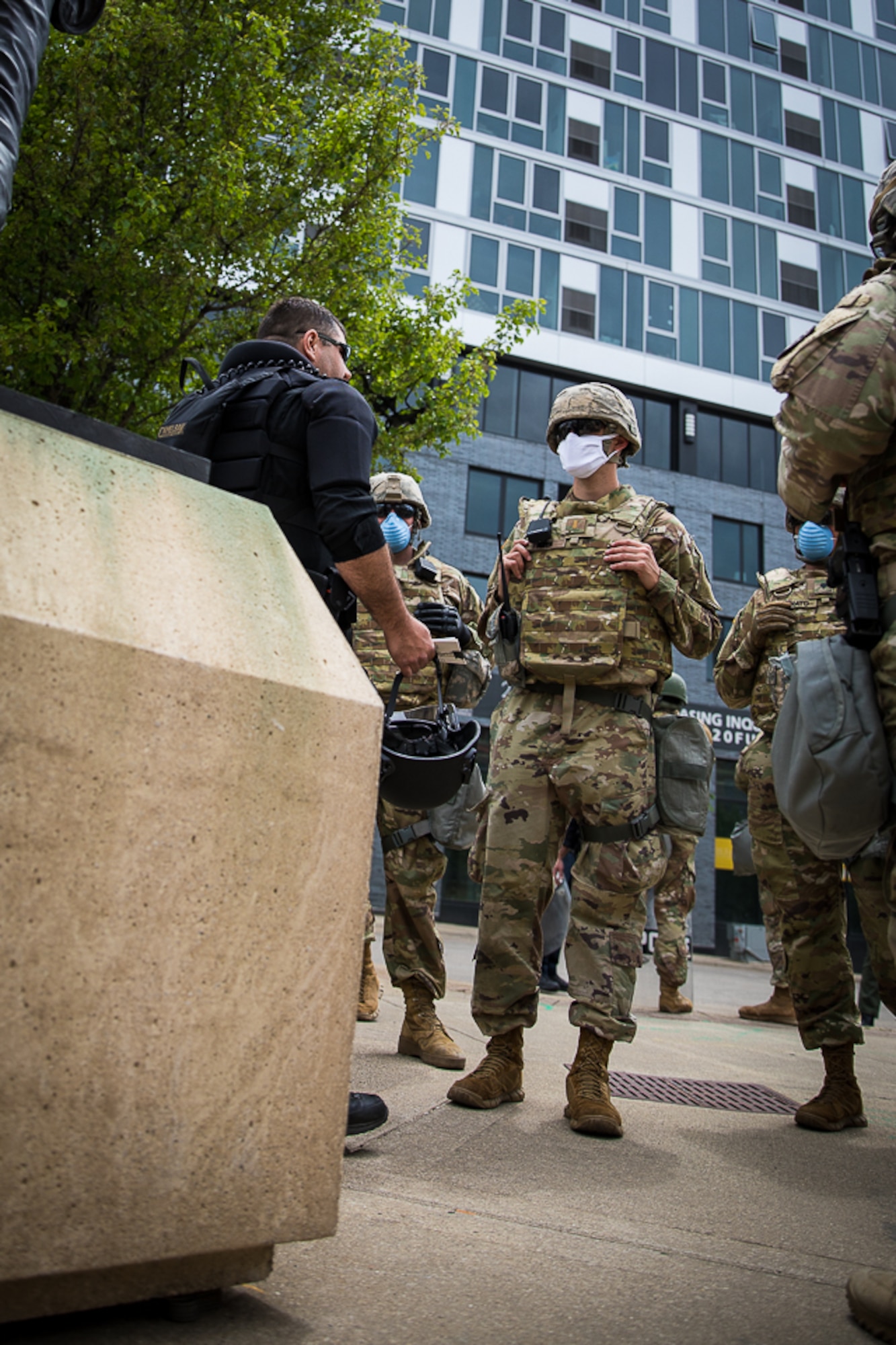 Military Police from the Michigan National Guard assisted the City of Grand Rapids on June 1, 2020, by enduring peace during a protest downtown. Michigan National Guard members will provide support to local civil authorities for as long as requested as a peaceful presence for the safety of Michigan communities. (Michigan National Guard photo by 2nd Lt. Ashley Goodwin)