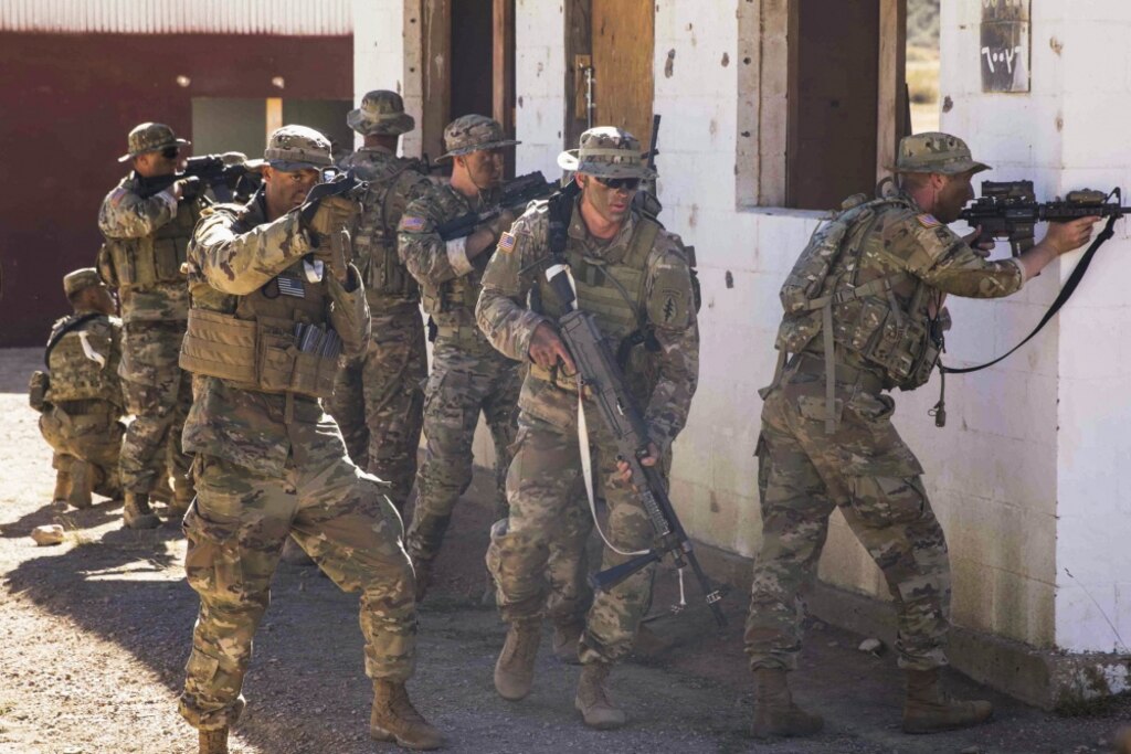 Paratroopers with 2nd Battalion, 10th Special Forces Group (Airborne), practice cordon and search tactics during warfighter training at Fort Carson, Colorado, in 2018. Huntsville Center’s Range and Training Land Program prepared programming cost estimates for a shoothouse at the post to support the U.S. Army Special Operations Command’s project approval and funding process.