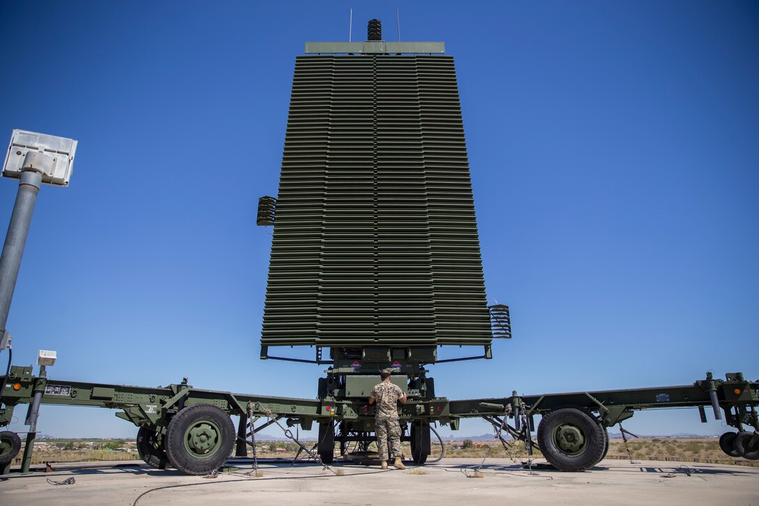 U.S. Marines with Marine Air Control Squadron (MACS) 1, Marine Corps Air Station (MCAS) Yuma, conduct a routine check up on an AN/TPS-59 Radar on Cannon Air Defense Complex, MCAS Yuma April 5, 2020.