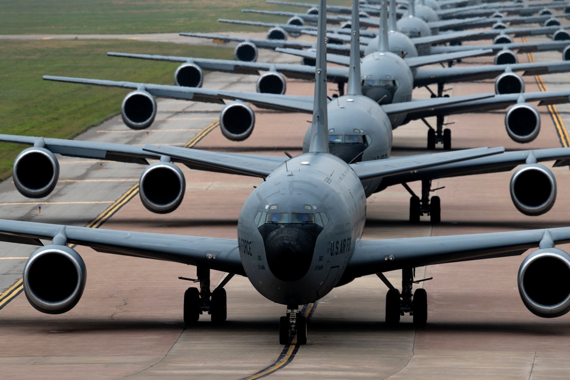 U.S. Air Force KC-135 Stratotankers line up for an elephant walk at Altus Air Force Base, Oklahoma, during a large formation exercise, May 21, 2020.