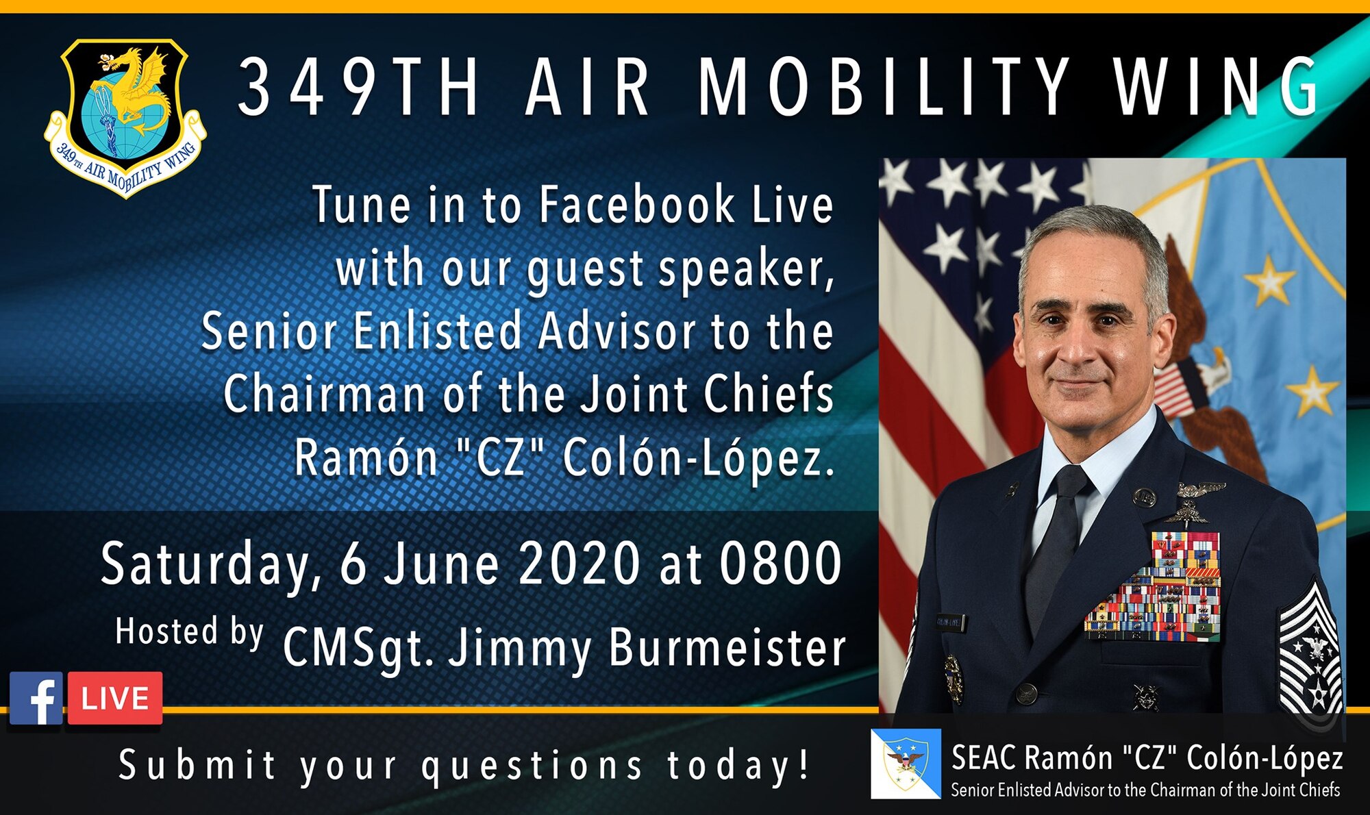 349th Air Mobility Wing hosts guest speaker Senior Enlisted Advisor to the Chairman of the Joint Chiefs Ramon Colon-Lopez, June 6, 2020 
#ReserveReform
