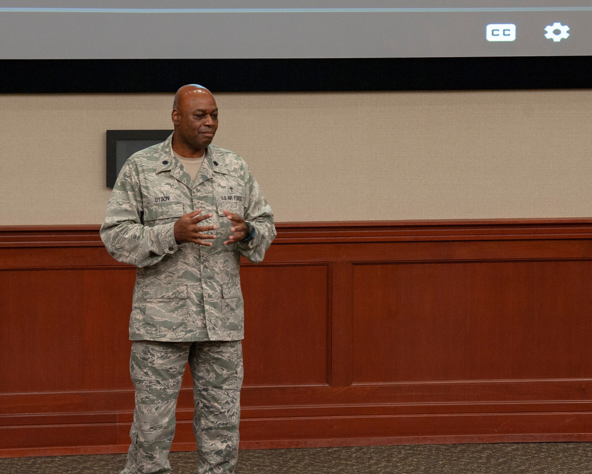 U.S. Air Force Lt. Col. Clyde Dyson, the 6th Air Refueling Wing chaplain, speaks to the 6th ARW leadership team June 1, 2020, at MacDill Air Force Base, Fla.