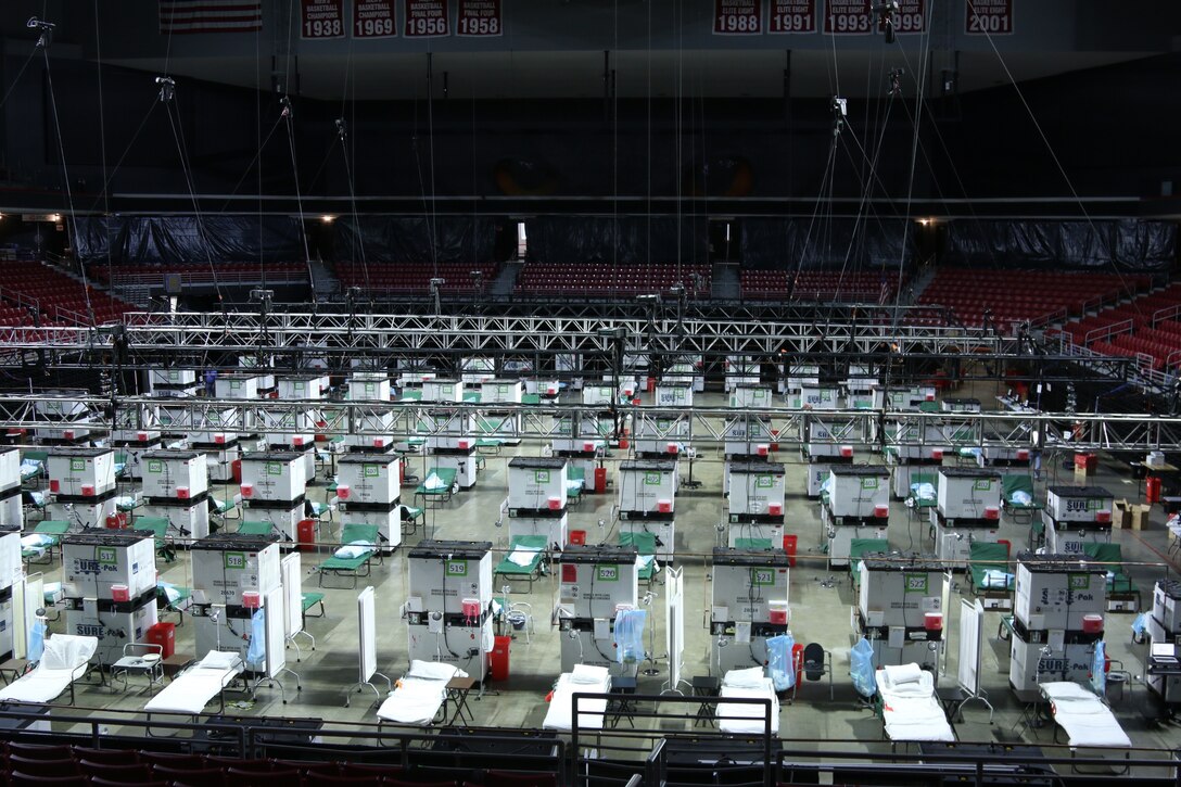 An aerial view of the Liacouras Center Temple University, Philadelphia, Pennsylvania, which has been transformed to support COVID-19 positive patients in Philadelphia, Pennsylvania, April 19, 2020. (U.S. Army photo by Spc. Chafelmer Kroll)