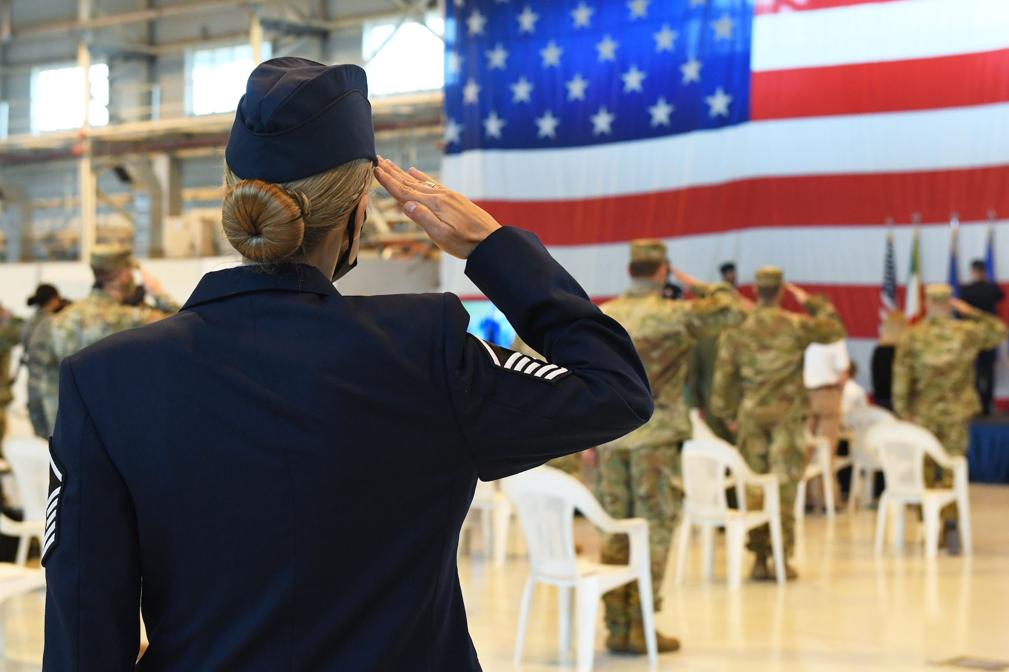 Aviano Air Base leadership attend the 31st Fighter Wing change of command ceremony at Aviano Air Base, Italy, June 5, 2020. U.S. Air Force Brig. Gen. Jason E. Bailey took command of the only permanently assigned U.S. Air Force fighter aircraft wing in NATO's Southern region and approximately 4,500 active-duty military members, nearly 550 U.S. civilians and 800 Italian civilian employees. (U.S. Air Force photo by Staff Sgt. Valerie Halbert)