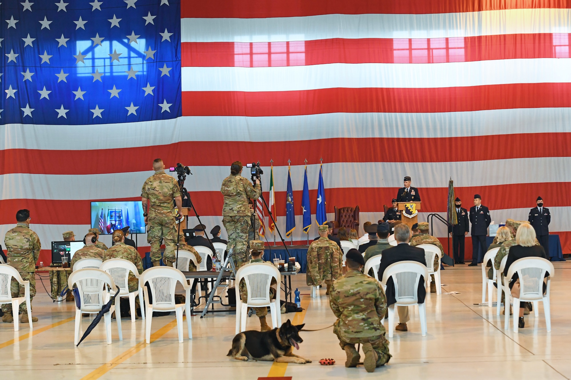 Aviano Air Base leadership attend the 31st Fighter Wing change of command ceremony at Aviano Air Base, Italy, June 5, 2020. U.S. Air Force Brig. Gen. Jason E. Bailey took command of the only permanently assigned U.S. Air Force fighter aircraft wing in NATO's Southern region and approximately 4,500 active-duty military members, nearly 550 U.S. civilians and 800 Italian civilian employees. (U.S. Air Force photo by Staff Sgt. Valerie Halbert)