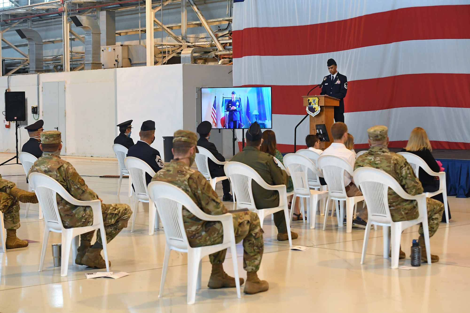 Aviano Air Base leadership attend the 31st Fighter Wing change of command ceremony at Aviano Air Base, Italy, June 5, 2020. U.S. Air Force Brig. Gen. Jason E. Bailey took command of the only permanently assigned U.S. Air Force fighter aircraft wing in NATO's Southern region and approximately 4,500 active-duty military members, nearly 550 U.S. civilians and 800 Italian civilian employees. (U.S. Air Force photo by Staff Sgt. Valerie Halbert)