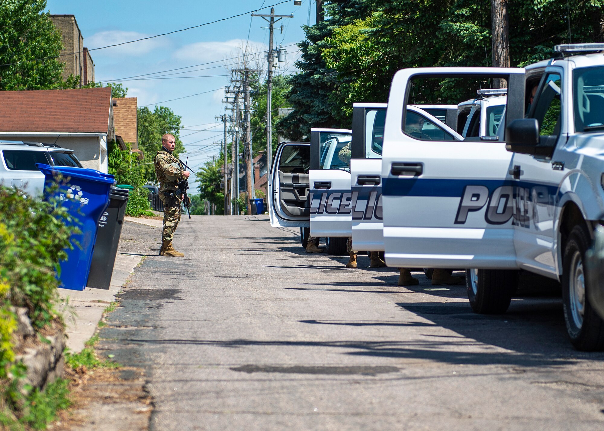 U.S. Air Force Airmen from the 133rd Security Forces Squadron prepare to connect with local law enforcement to assist in their policing efforts in St. Paul, Minn., June 1, 2020.