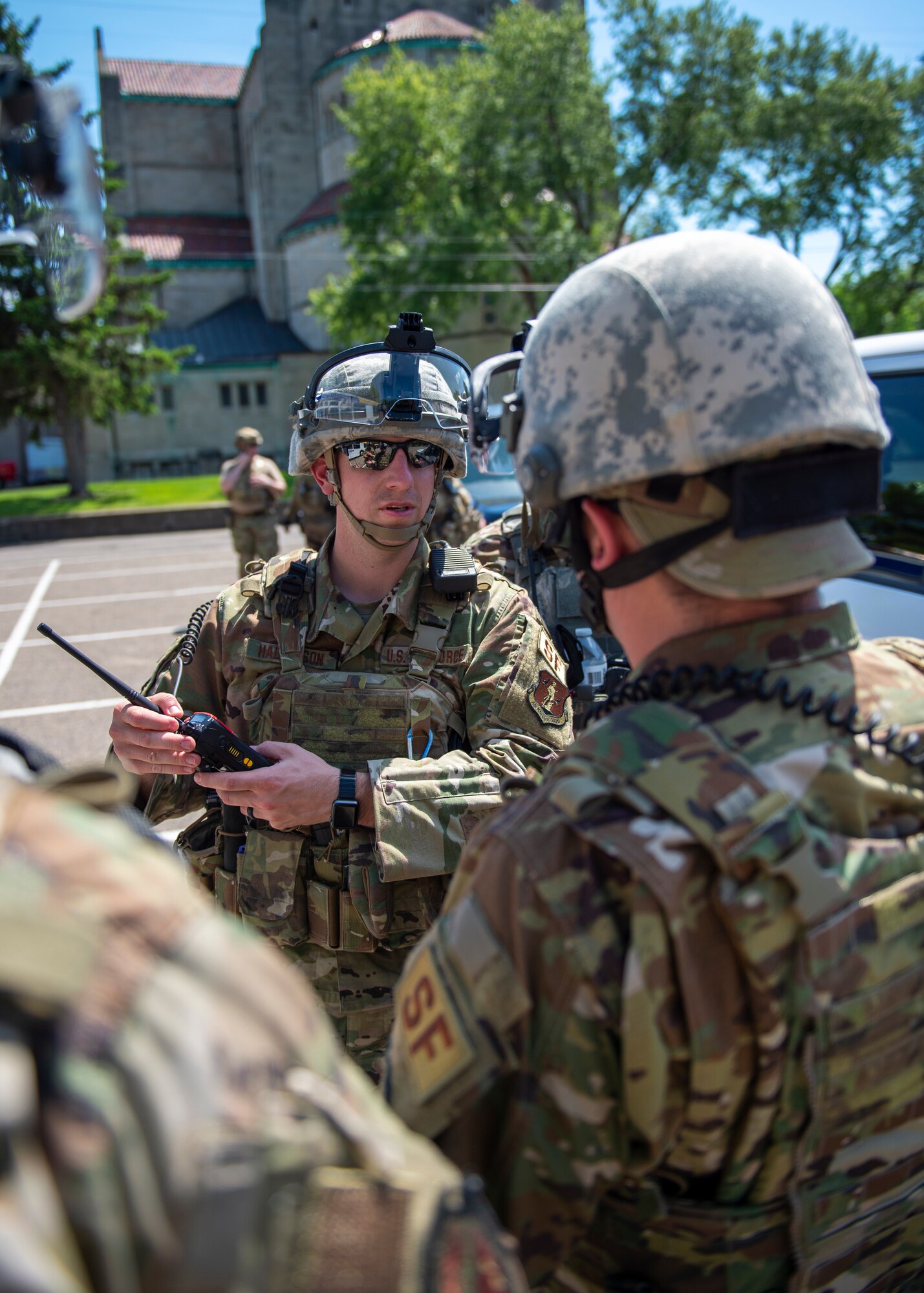 U.S. Air Force Airmen from the 133rd Security Forces Squadron prepare to connect with local law enforcement to assist in their policing efforts in St. Paul, Minn., June 1, 2020.