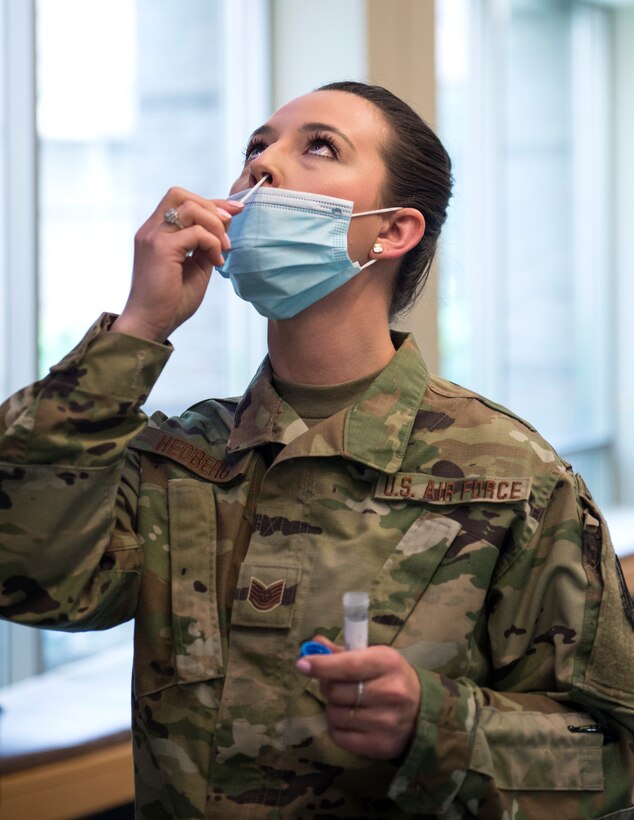 U.S. Air Force Airman from the 133rd Medical Group, takes the COVID-19 test in St. Paul, Minn., June 4, 2020.