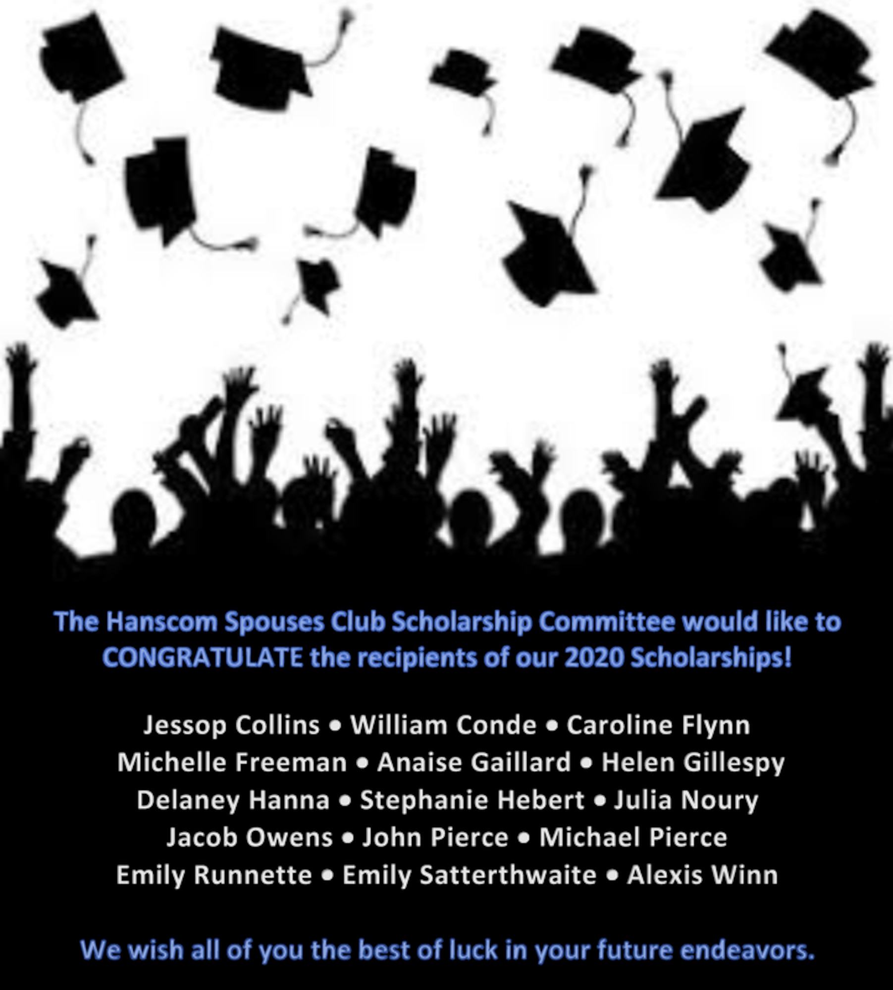 The Hanscom Spouses Club virtually awarded $40,000 in scholarships to graduating high school seniors and military spouses during the 59th annual HSC Scholarship Awards June 3. (courtesy graphic)