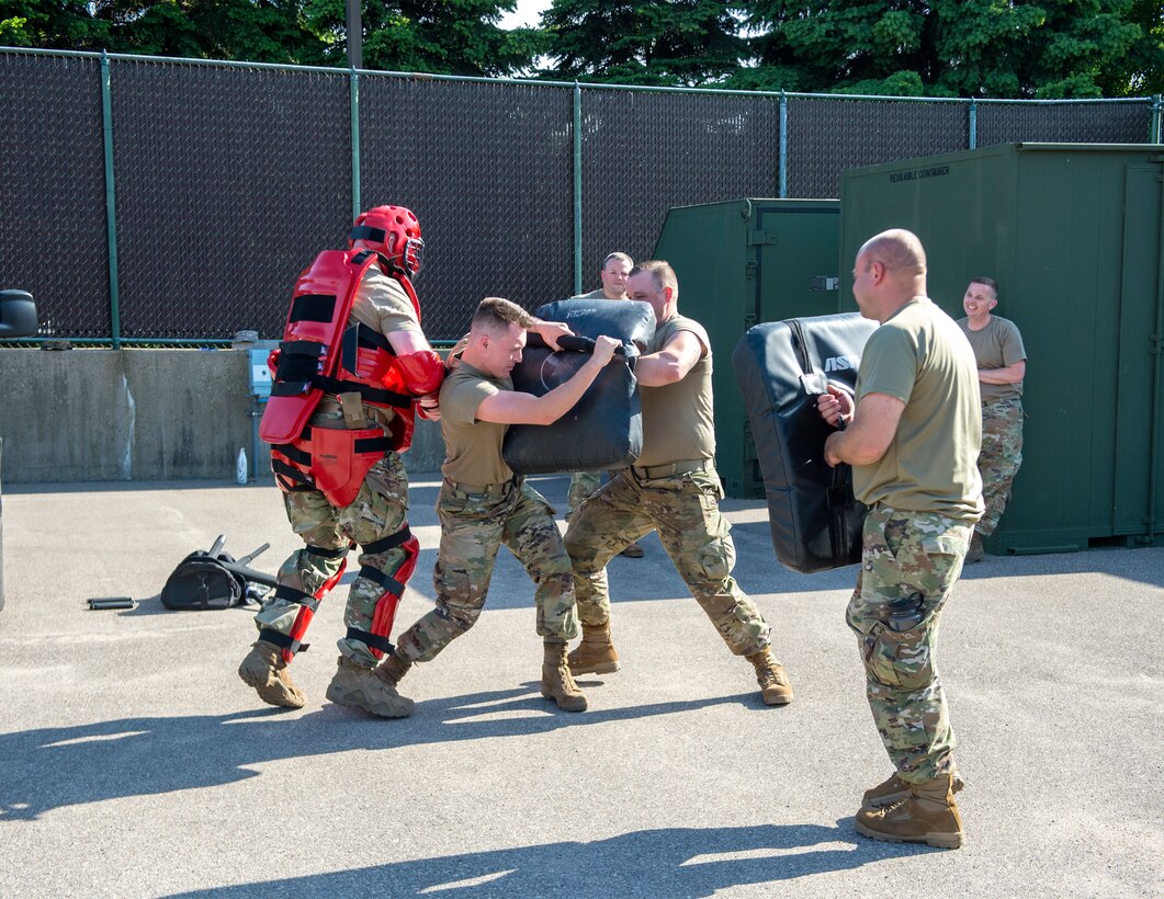 U.S. Air Force Airmen from the 133rd Airlift Wing take part in riot control training taught by the 133rd Security Forces Squadron in support of civil unrest  in St. Paul, Minn., May 31, 2020.