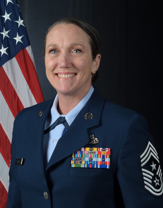 Official portrait of Chief Master Sgt. Erica Rhea, the 8th wing command chief, 157th Air Refueling Wing, Pease Air National Guard Base, N.H., April 27, 2020. (U.S. Air National Guard photo by Tech. Sgt. Aaron Vezeau)