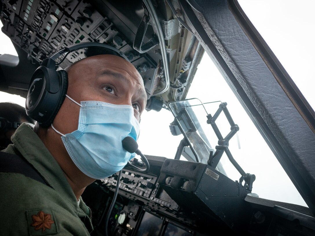 Maj. Michael Namacot, 204th Airlift Squadron pilot, flies a C-17 Globemaster III May 26, 2020, near Kapolei, Hawaii.