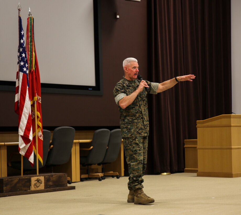 U.S. Marine Corps Lt. Gen. Brian D. Beaudreault, commanding general, II Marine Expeditionary Force, gives his remarks during a change of command ceremony at Camp Lejeune, N.C., June 5, 2020. (U.S. Marine Corps photo by Lance Cpl. Samuel Lyden)