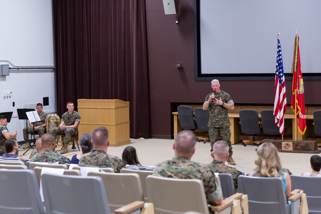 U.S. Marine Corps Lt. Gen. Brian D. Beaudreault, II Marine Expeditionary Force commanding general, addresses service members and guests during the 2nd Marine Expeditionary Brigade change of command on Camp Lejeune, N.C., June 5, 2020. Maj. Gen. Stephen M. Neary, outgoing 2nd MEB commanding general, is slated to be the commanding general of U.S. Marine Forces Europe and Africa. (U.S. Marine Corps photo by Lance Cpl. Cheyenne Stillion)