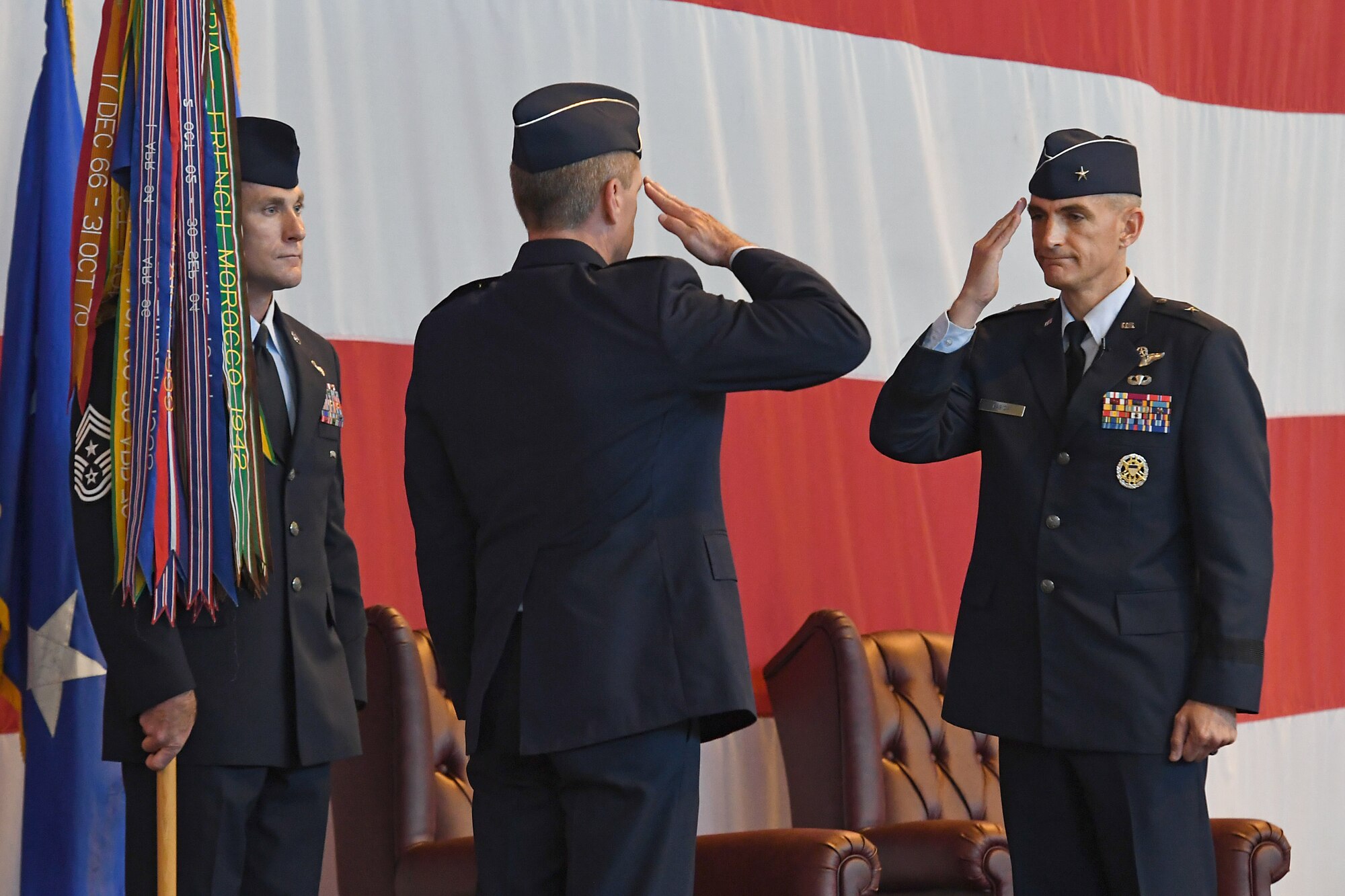 U.S. Air Force Brig. Gen. Daniel T. Lasica, 31st Fighter Wing outgoing commander, relinquishes command of the 31st FW to U.S. Air Force Brig. Gen. Jason E. Bailey. U.S. Air Force Brig. Gen. Daniel T. Lasica led 4,500 Airmen supporting operations across three combatant commands from June 17, 2018 to June 5, 2020. (U.S. Air Force photo by Staff Sgt. Valerie Halbert)