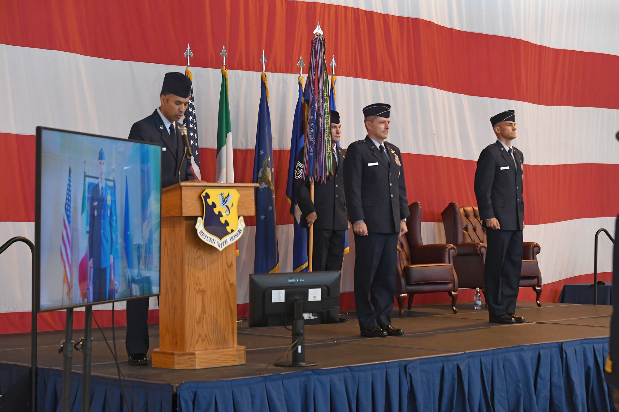 U.S. Air Force Brig. Gen. Daniel T. Lasica, 31st Fighter Wing outgoing commander, relinquishes command of the 31st FW to U.S. Air Force Brig. Gen. Jason E. Bailey. U.S. Air Force Brig. Gen. Daniel T. Lasica led 4,500 Airmen supporting operations across three combatant commands from June 17, 2018 to June 5, 2020. (U.S. Air Force photo by Staff Sgt. Valerie Halbert)