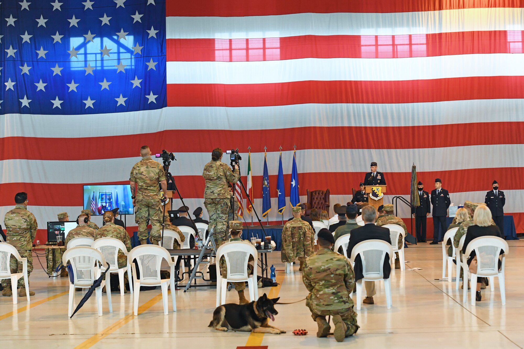 Aviano Air Base leadership attend the 31st Fighter Wing change of command ceremony at Aviano Air Base, Italy, June 5, 2020. U.S. Air Force Brig. Gen. Jason E. Bailey took command of the only permanently assigned U.S. Air Force fighter aircraft wing in NATO's Southern region and approximately 4,500 active-duty military members, nearly 550 U.S. civilians and 800 Italian civilian employees. (U.S. Air Force photo by Staff Sgt. Valerie Halbert)
