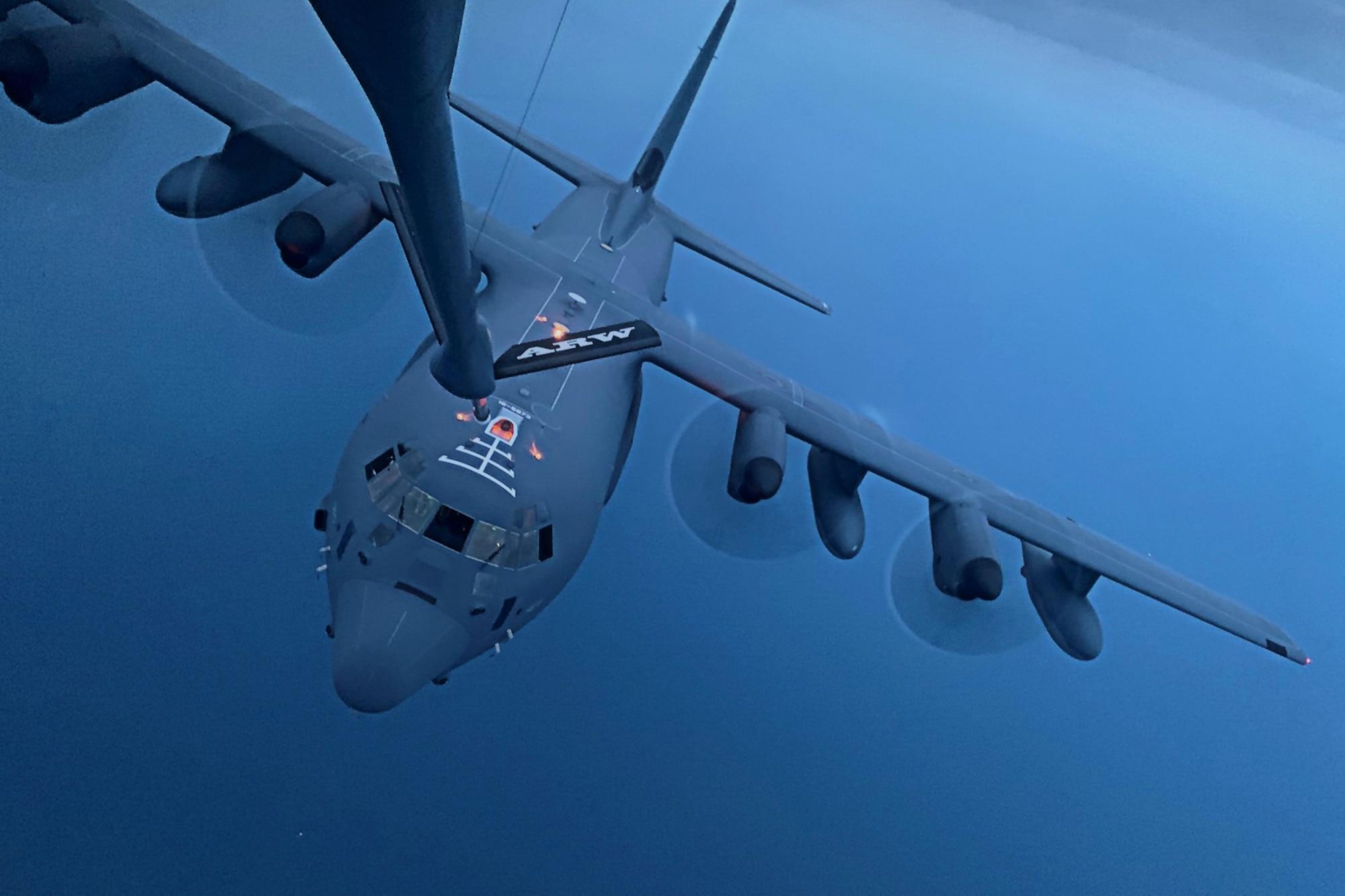 An HC-130J Combat King II from the 106th Rescue Wing at Gabreski Air National Guard Base, N.Y. lines up for fuel behind a 434th Air Refueling Wing KC-135R  Stratotanker from Grissom Air Reserve Base, Indiana June 3, 2020 over the Atlantic. Grissom Airmen train to be #ReserveReady at all times and partner with both active and guard components. (U.S. Air Force photos/Senior Airman Aaron Longgood)
