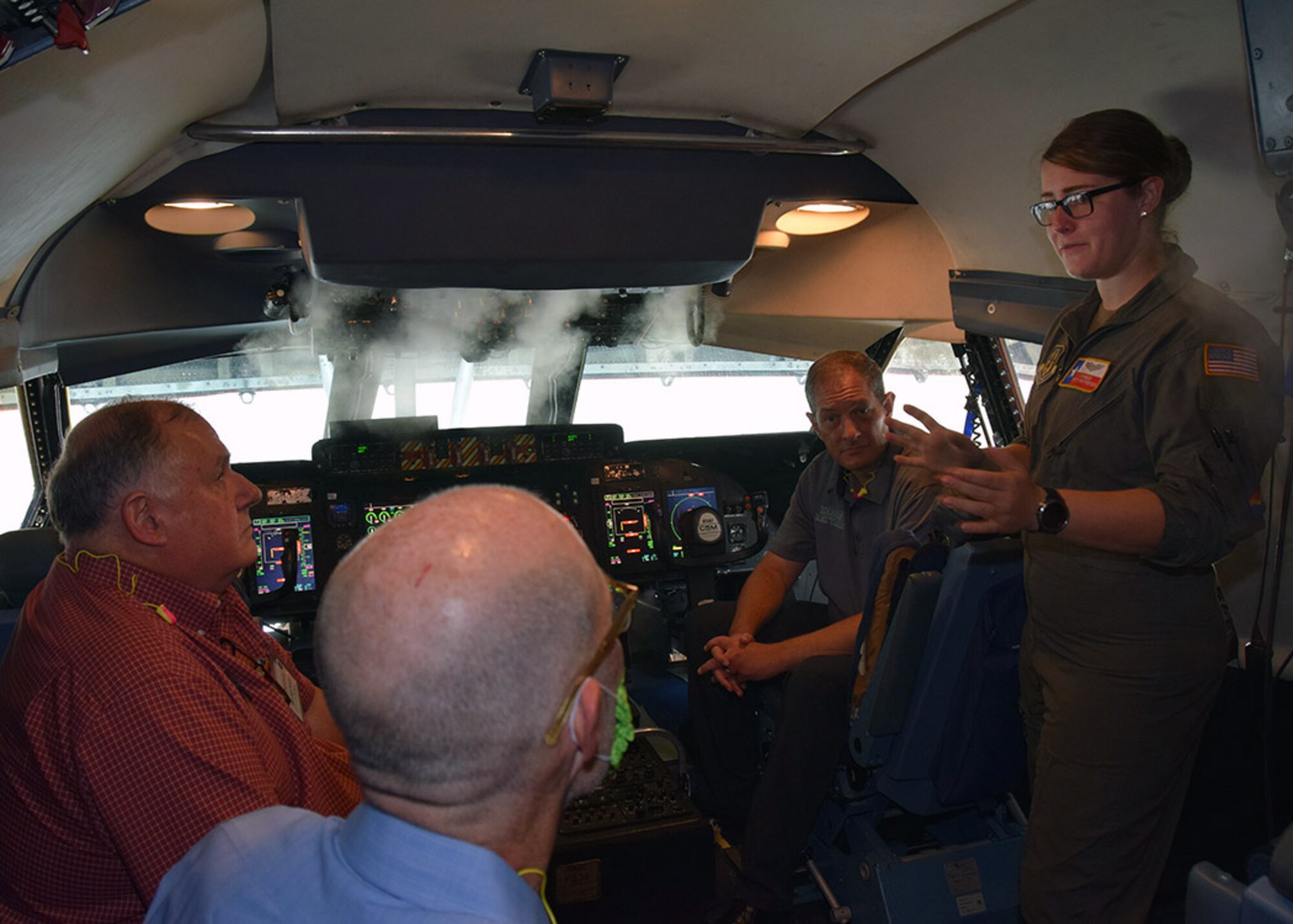 1st Lt. Rohaise Firth-Butterfield, 68nd Airlift Squadron pilot, explains her duties as a pilot to the 502nd Air Base Wing honorary commanders during a tour of the Alamo Wing’s C-5M Super Galaxy June 5, 2020 at Joint Base San Antonio-Lackland, Texas.