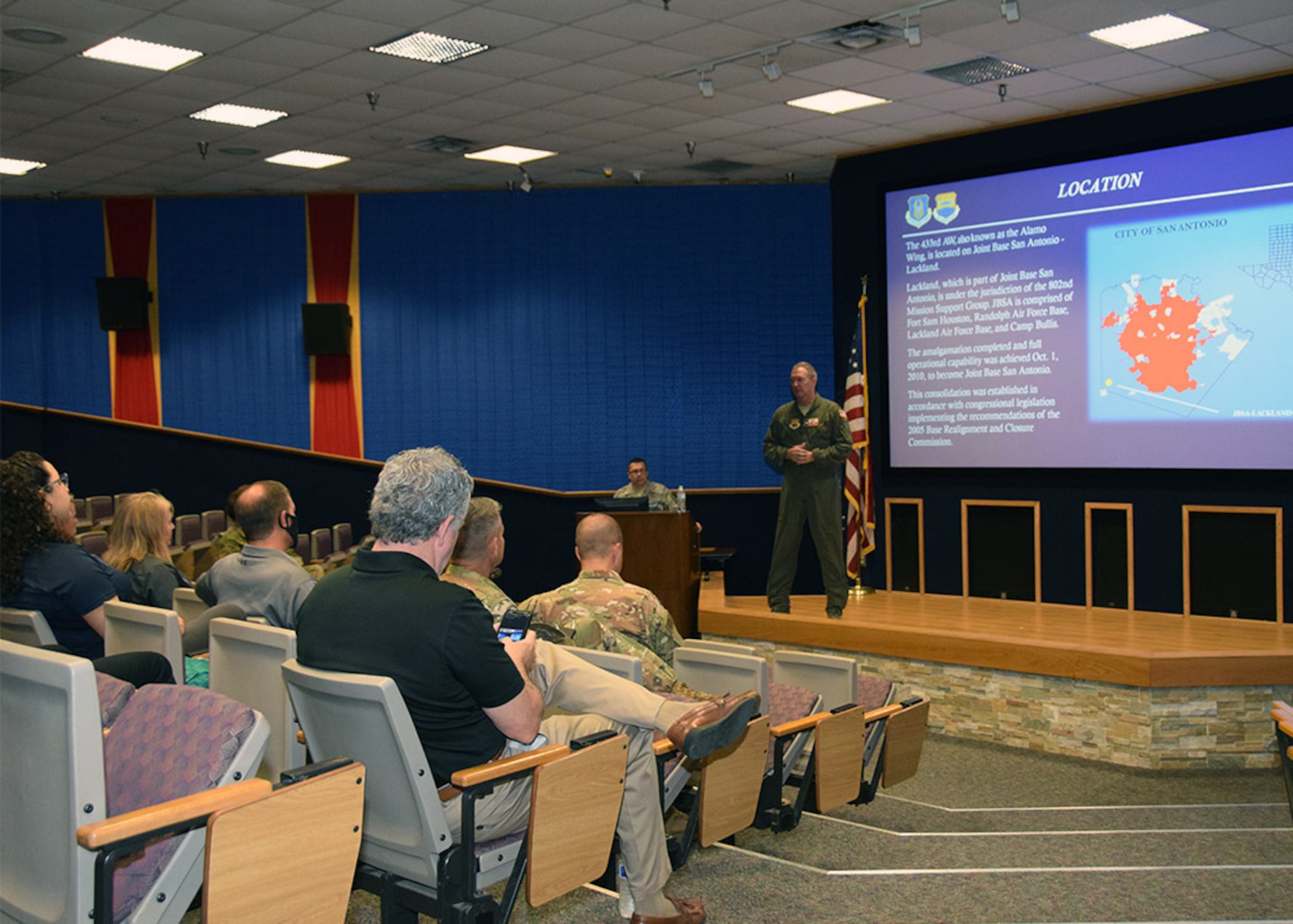 Col. Terry W. Mcclain, 433rd Airlift Wing commander, briefs the 502nd Air Base Wing honorary commanders on the wing’s mission, capabilities, and personnel June 5, 2020 at Joint Base San Antonio-Lackland, Texas.