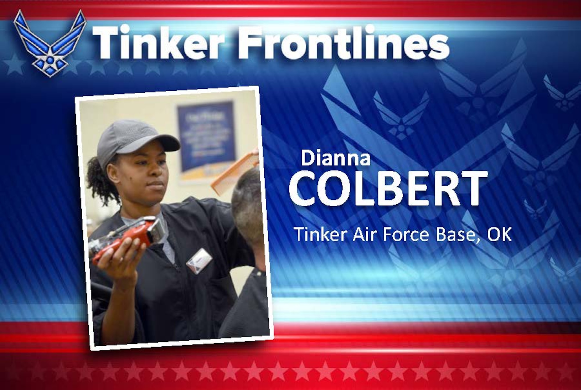 Dianna Colbert is a hair stylist at the barber shop inside the Tinker Exchange and has worked here for 10 years.