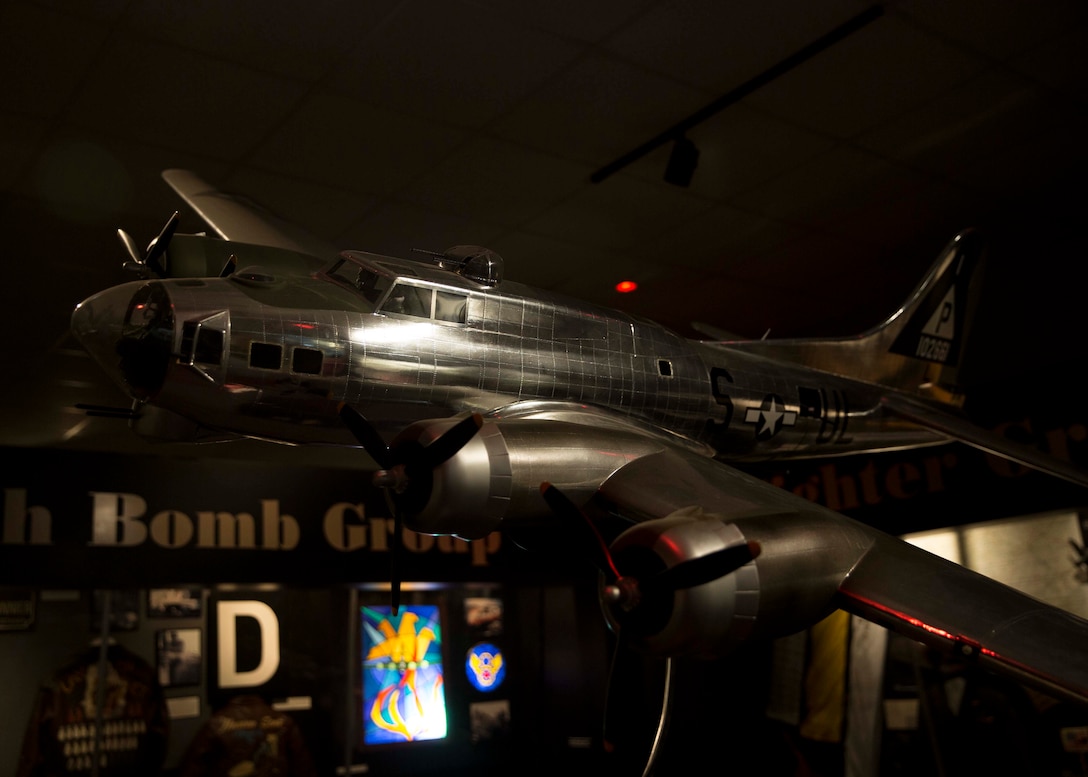 A model figure of the Boeing B-17 Flying Fortress on display at the Mighty Eighth Air Force Museum in Pooler, Georgia on June 5, 2020. Marines with 6th MCD spent a day enhancing their knowledge on military tactics, operations and history from the displays at the Mighty Eighth Air Force Museum. (U.S. Marine Corps photo by Cpl. Jack A. E. Rigsby)