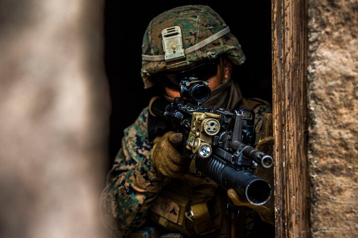 A U.S. Marine provides security during a squad-level attack exercise at Marine Corps Training Area Bellows, Hawaii, May 20, 2020.