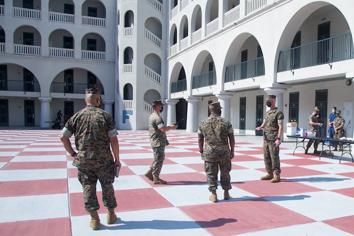 U.S. Marine Corps Maj. Gen. James F. Glynn, commanding general of Marine Corps Recruit Depot Parris Island, visits The Citadel, a public military college temporarily utilized to stage poolees for a 14-day observation period in Charleston, S.C., May 5, 2020.