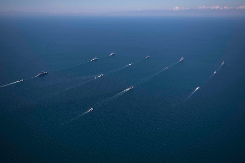 Ships of many nations steam in formation.