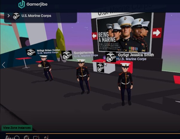 U.S. Marines attending the Gamerjibe virtual career fair occupy the Marine Corps booth, May 20.