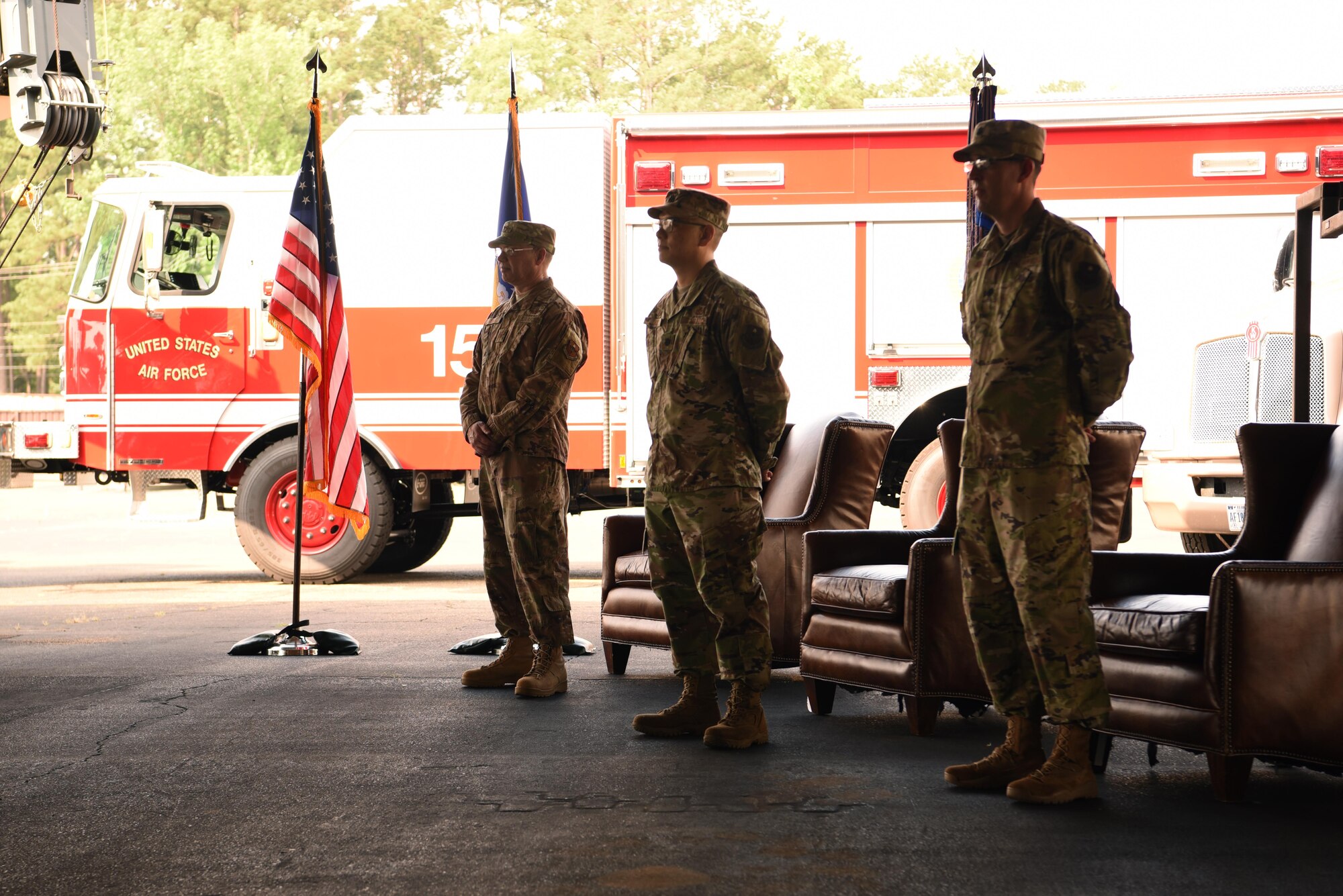 Col. Gary Hayward, 14th Mission Support Group commander, Lt. Col. Peter Joo, former 14th Civil Engineer Squadron commander and Lt. Col. Tyler Johnson, 14th CES commander stand prior to the 14th CES change of command on June 3, 2020, at Columbus Air Force Base, Miss. The mission of the 14th CES is to provide sustainable infrastructure, environment, readiness and emergency response. (U.S. Air Force photo by Senior Airman Jake Jacobsen)