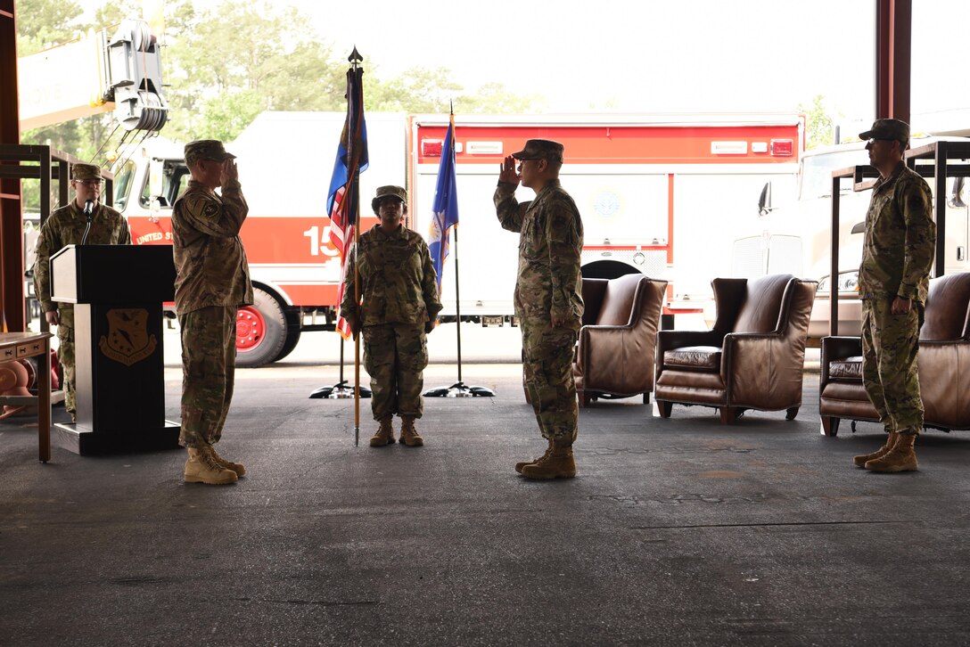 Col. Gary Hayward, 14th Mission Support Group commander, returns a salute to Lt. Col. Peter Joo, former 14th Civil Engineer Squadron commander, on June 3, 2020, at Columbus Air Force Base, Miss. Joo served as commander of the 14th CES June 2018 – June 2020. (U.S. Air Force photo by Senior Airman Jake Jacobsen)