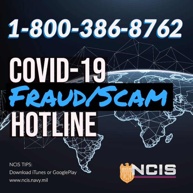 COVID-19 Fraud/Scam Hotline titled image showing white outlined world with black background. Phone number 18003868762