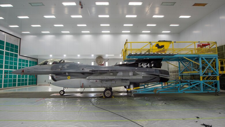 The 8th Aircraft Maintenance Unit F-16 Viper flagship sits at the 8th AMU, June 4, 2020, on Holloman Air Force Base, N.M. The aircraft received a repaint which is a long-standing tradition that allows the aircraft to be showcased with distinguishing and identifiable markings of their respective unit.  (U.S. Air Force photo by Senior Airman Collette Brooks)