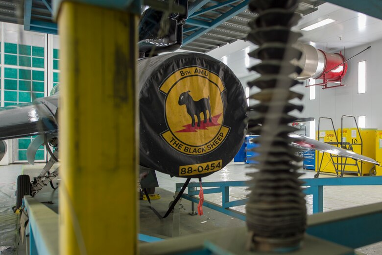 An 8th Aircraft Maintenance Unit “the black sheep” cover is displayed on an F-16 Viper flagship at the 8th AMU, June 4, 2020, on Holloman Air Force Base, N.M. The aircraft received a repaint, which is a long-standing tradition that allows the aircraft to be showcased with distinguishing and identifiable markings of their respective unit. (U.S. Air Force photo by Senior Airman Collette Brooks)