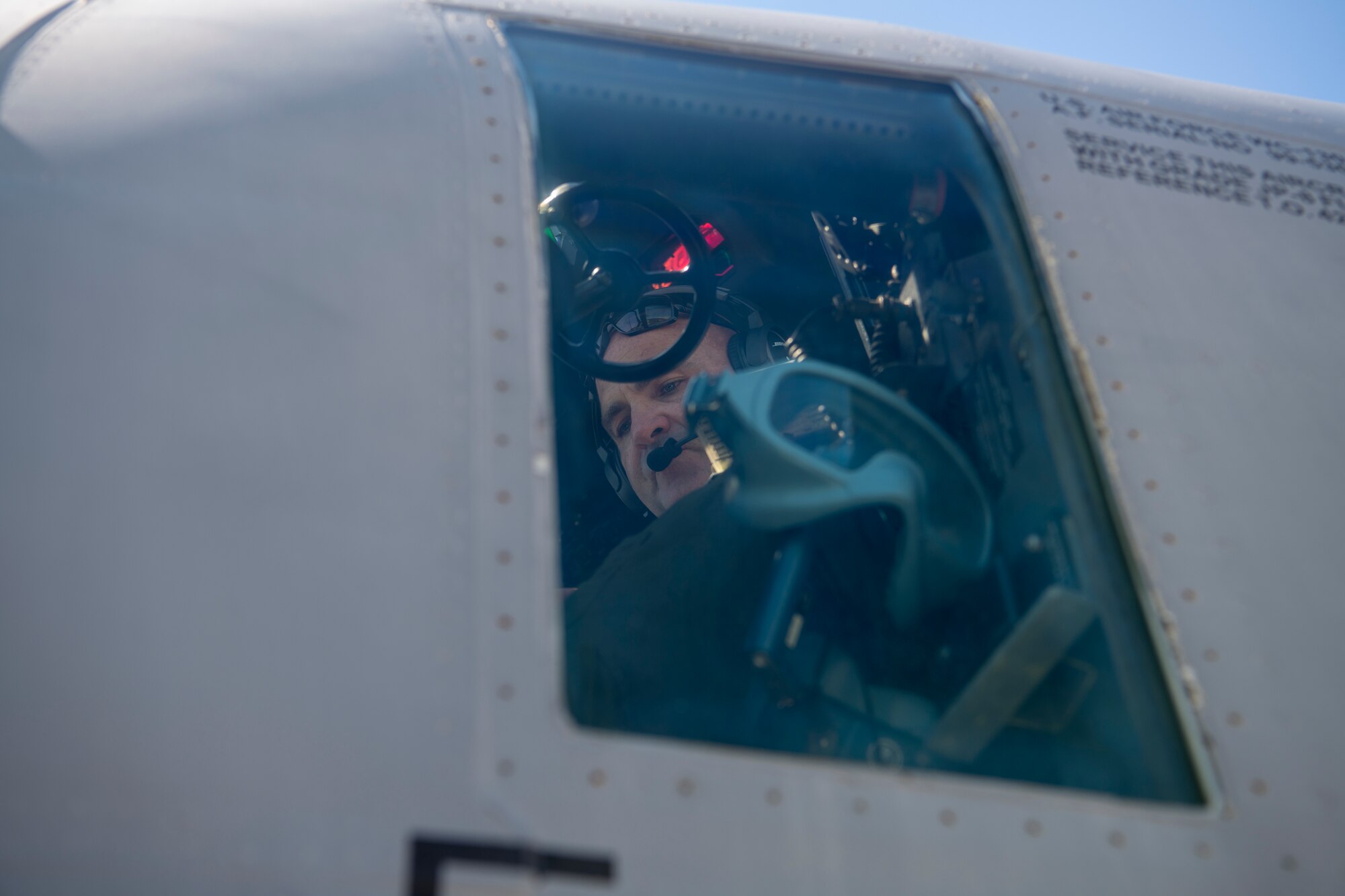 Maj. Kendall Dunn, 53rd Weather Reconnaissance Squadron pilot, conducts the preflight checklist of a WC-130J Super Hercules aircraft June 5, 2020 at Keesler Air Force Base, Mississippi. The Hurricane Hunters were tasked to fly a fixed mission to locate the center of Cristobal and the data gathered was sent to the National Hurricane Center for their weather model forecasts. (U.S. Air Force Photo by Tech. Sgt. Christopher Carranza)