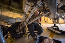 Staff Sgt. Chase Doering, 311th Aircraft Maintenance Unit avionics craftsman, performs maintenance on an F-16 Viper, June 4, 2020, on Holloman Air Force Base, N.M. Airmen from the 311th AMU are replacing 11 wire harnesses in the 31-year-old aircraft that caught fire last year. (U.S. Air Force photo by Staff Sgt. Christine Groening)