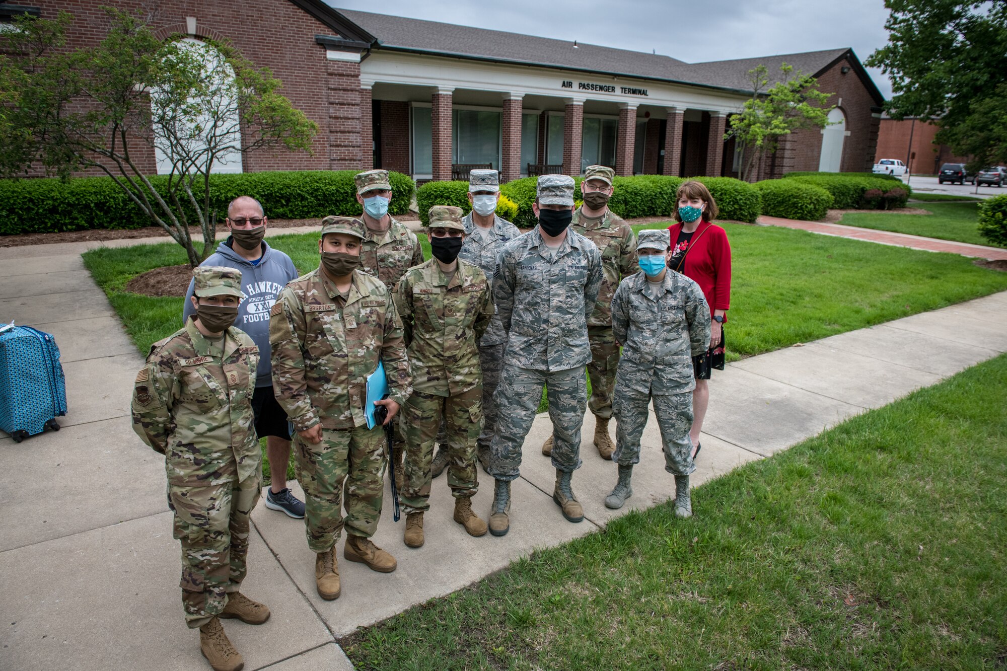 Citizen Airmen from the 932nd Medical Group return home to Scott Air Force Base in late May and early June. The medical reservists departed together to serve on the front line of COVID-19 to support various hospitals in the New England areas in late April, 2020. Wing and Medical Group leadership welcomed them back and presented them with a Wing coin for their outstanding contributions to the fight against the Coronavirus. (U.S. Air Force photo by Christopher Parr)