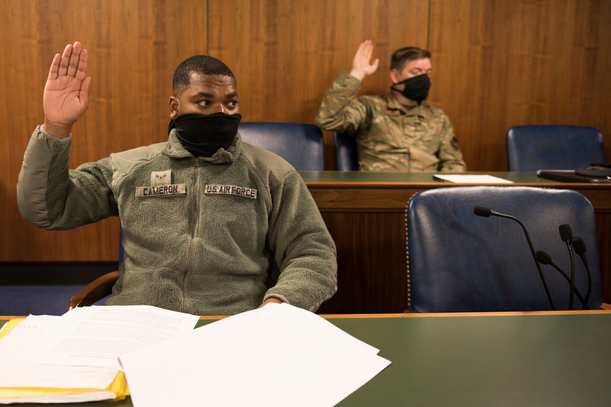 U.S. Air Force Airman 1st Class Cameron Bradley, 423rd Security Forces Squadron operations support, takes an oath during a will execution ceremony June 2, 2020, at RAF Alconbury, England. The 501st Combat Support Wing legal office hosted a deployment brief and will execution ceremony for all Security Forces deploying in the next 60 days. (U.S. Air Force photo by Airman 1st Class Jennifer Zima)