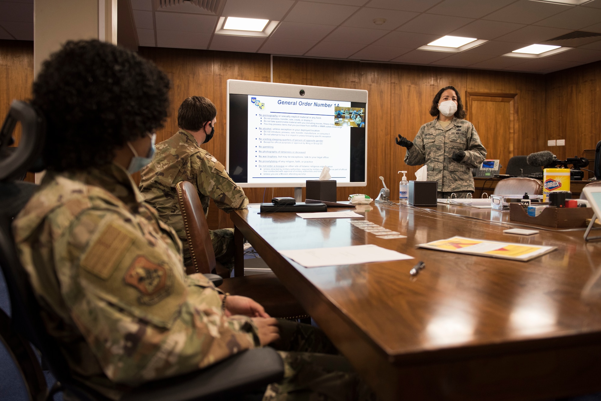 U.S. Air Force Master Sgt. Miriam Pantoja, 501st CSW Judge Advocate Office, NCOIC of general law, conducts a deployment brief June 2, 2020, at RAF Alconbury, England. The 501st Combat Support Wing legal office hosted a deployment brief and will execution ceremony for all Security Forces deploying in the next 60 days. (U.S. Air Force photo by Airman 1st Class Jennifer Zima)