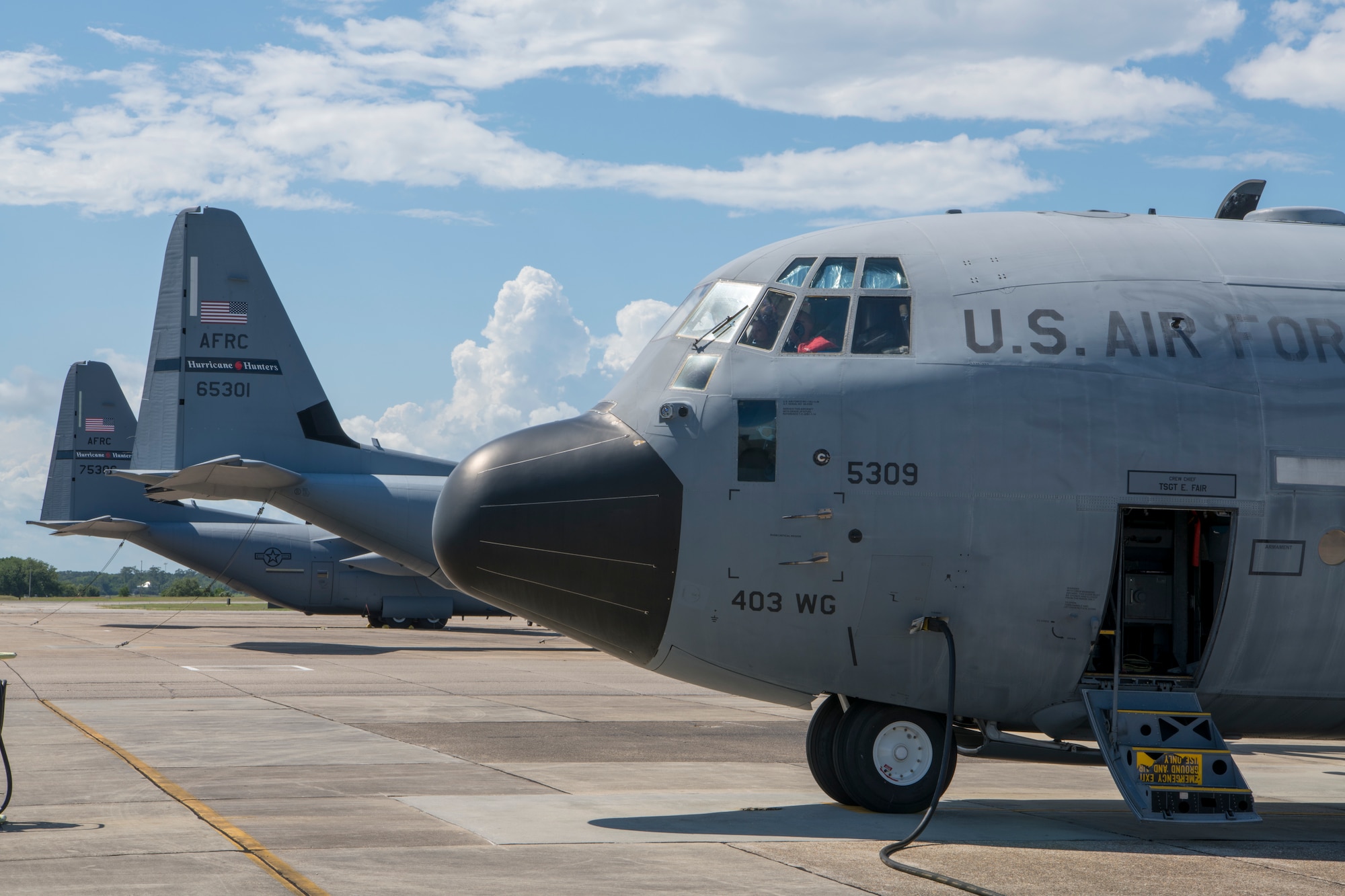 A WC-130J Super Hercules aircraft is prepared to fly Tropical Storm Cristobal from Keesler Air Force Base, Missippi, June, 5, 2020. The Air Force Reserve’s 53rd Weather Reconnaissance Squadron were tasked to fly a fixed mission to locate the center of Cristobal and the data gathered was sent to the National Hurricane Center for their weather model forecasts. (U.S. Air Force Photo by Tech. Sgt. Christopher Carranza)