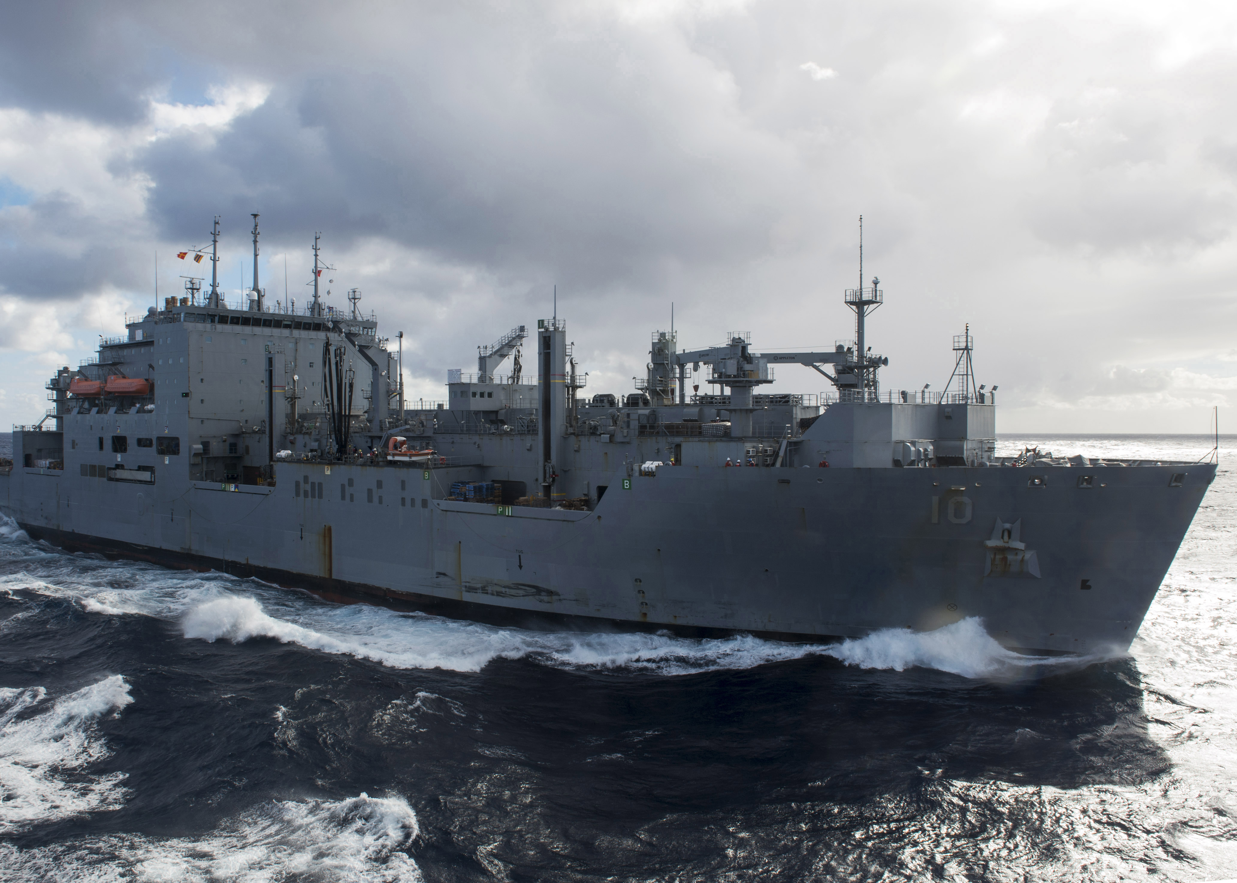 130728-N-NZ935-313 - CORAL SEA (July 28, 2013) The Military Sealift Command dry cargo and ammunition ship USNS Charles Drew (T AKE 10) approaches the amphibious transport dock ship USS Denver (LPD 9) to conduct an underway replenishment. Denver is on patrol with the Bonhomme Richard Amphibious Ready Group and is conducting routine joint-force operations in the U.S. 7th Fleet area of responsibility. (U.S. Navy photo by Mass Communication Specialist 1st Class Joshua Hammond/Released)