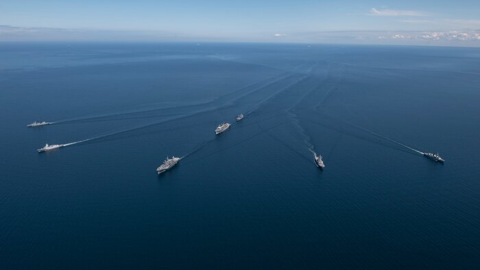 Ships from nations participating in exercise Baltic Operations (BALTOPS) 2020 sail in formation while in the Baltic Sea, June 8, 2020.