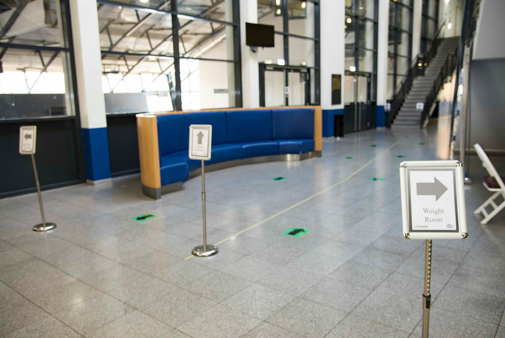 The entryway at the 786th Force Support Squadron Southside Fitness Center is newly arranged to direct traffic flow and minimize the spread of COVID-19 at Ramstein Air Base, Germany, June 8, 2020.