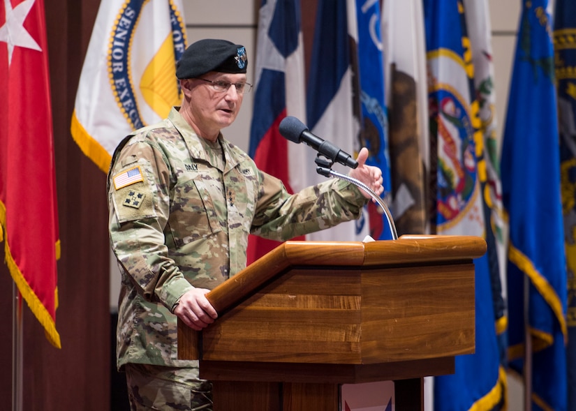 Lt. Gen. Edward Daly, deputy commanding general of Army Materiel Command, hosts a relinquishment ceremony for Maj. Gen. Jeffrey Drushal, U.S. Army Security Assistance Command's commanding general, 2 June 2020, at Redstone Arsenal, AL.