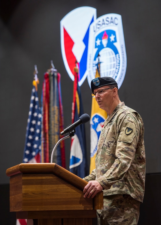 Maj. Gen. Jeffrey Drushal, U.S. Army Security Assistance Command's commanding general, addresses the audience during a relinquishment of command ceremony, 2 June 2020, at Redstone Arsenal, AL.