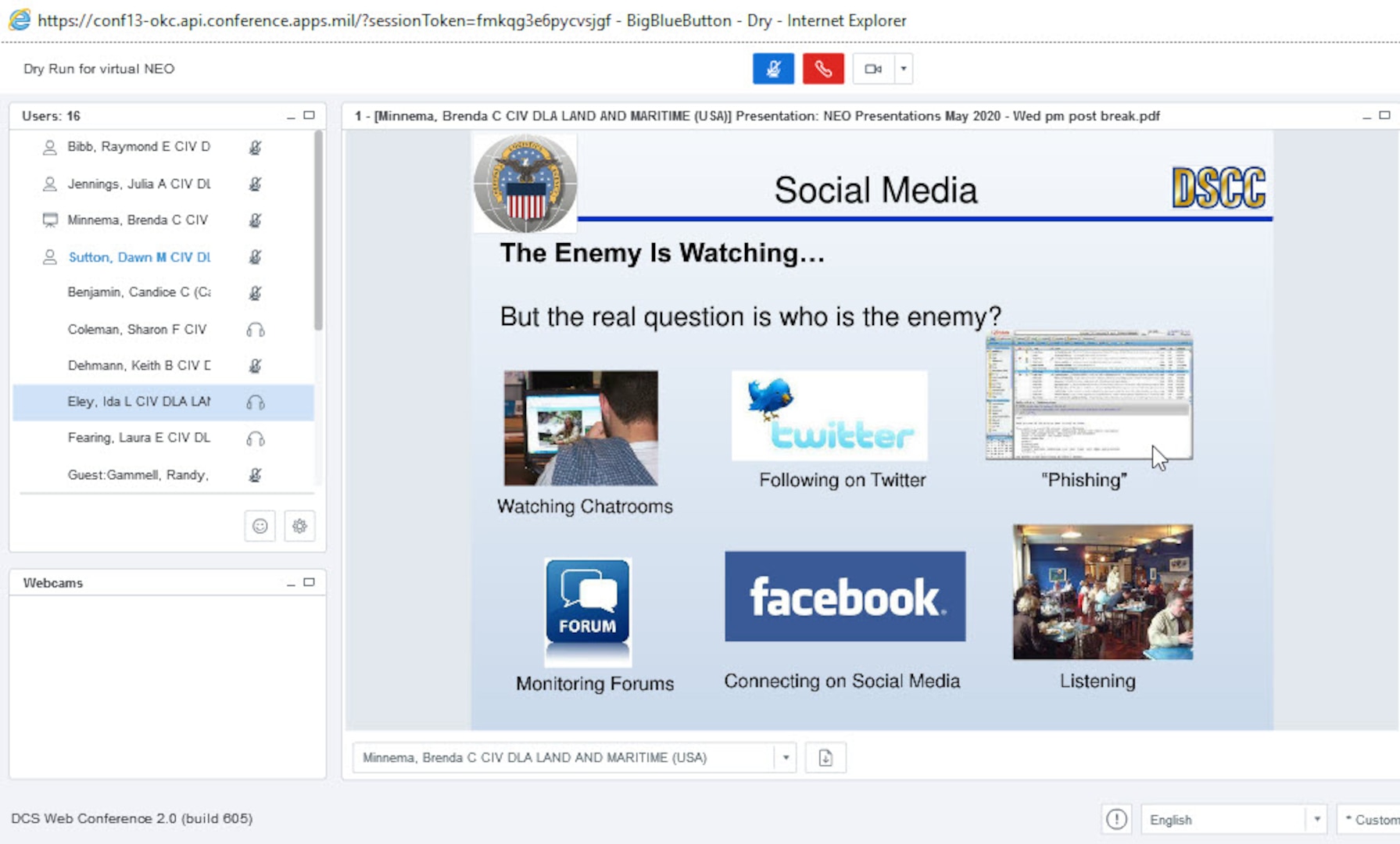 Screen shot of Defense Collaboration System Virtual New Employee Orientation, held on May 20 and 21, 2020